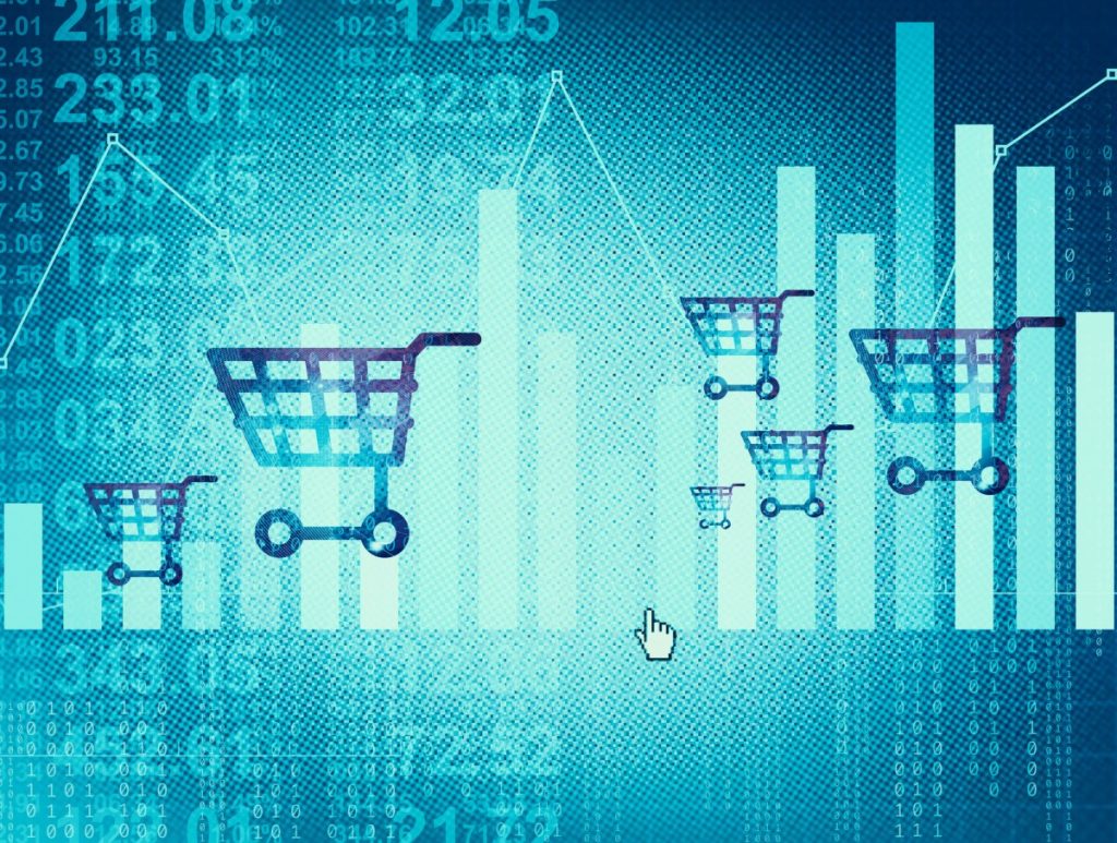 Multiple shopping carts over a data background to illustrate customer data.