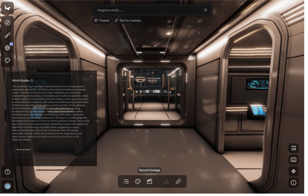 World Labs lands $200M from Autodesk to bring world models into 3D workflows Space ship environment created in Marble with text prompt overlayed. Note how the lights are realistically reflected in the hub's walls.