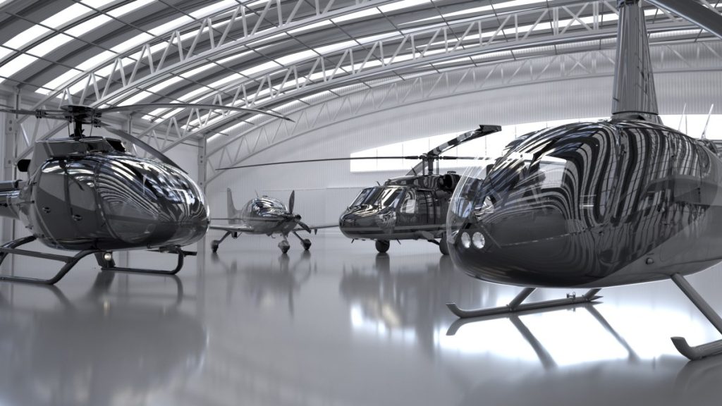 Skyryse helicopters parked in a hangar
