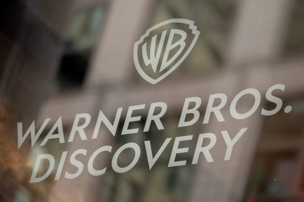 Signage at the Warner Bros. Discovery headquarters in New York