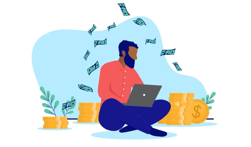 Sales automation startup Rox AI hits $1.2B valuation, sources say Black ethnic man sitting with laptop on floor making income online. Flat design vector illustration with white background