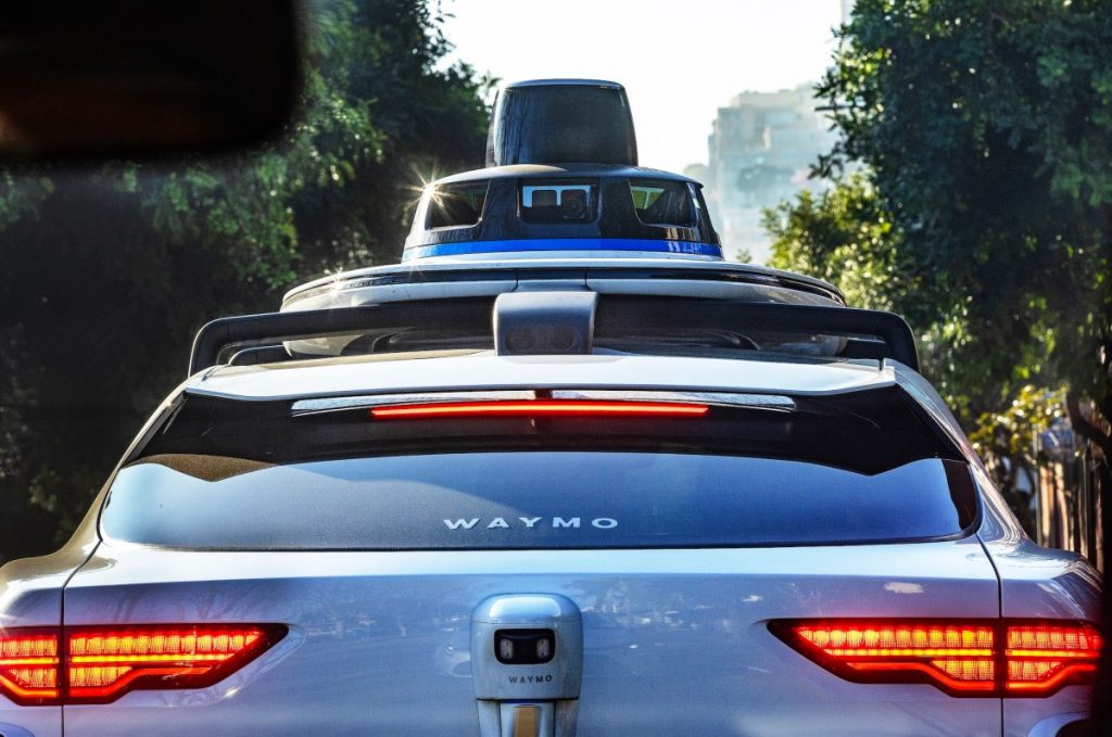 A Waymo equipped with 360 degree technology including 29 cameras, five lidars (which are used for mapping and sensing) and six radar trackers.