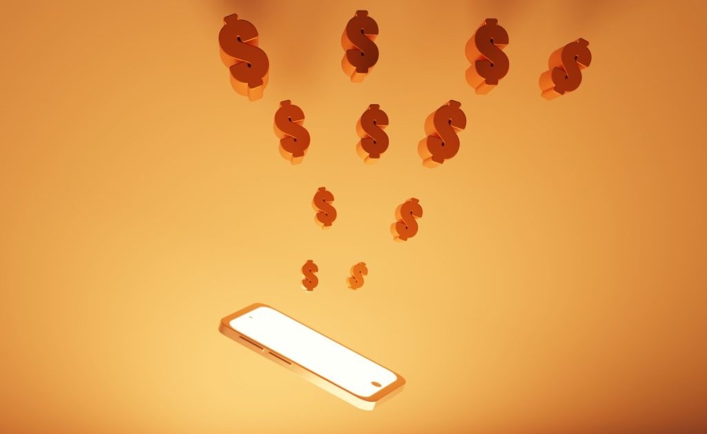 Golden Smartphone with red $ signs popping out of the screen