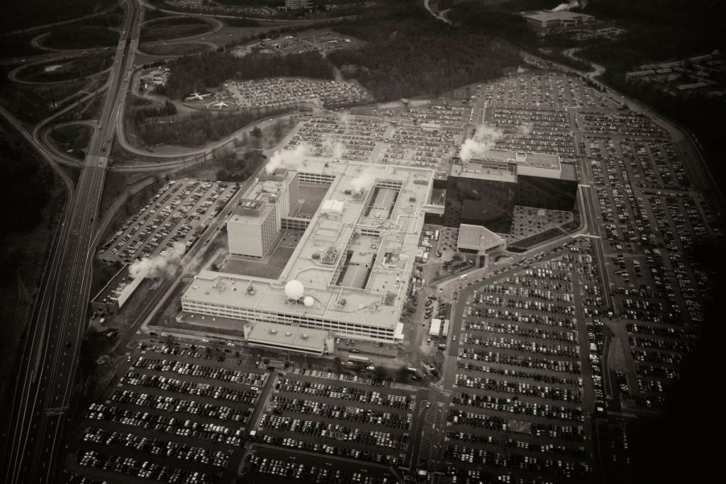 An aerial view of the National Security Agency (NSA) headquarters in Fort Meade, Maryland outside Washington, DC. The NSA is the central producer and manager of signals intelligence for the United States. It operates under the jurisdiction of the Department of Defense and reports to the Director of National Intelligence.