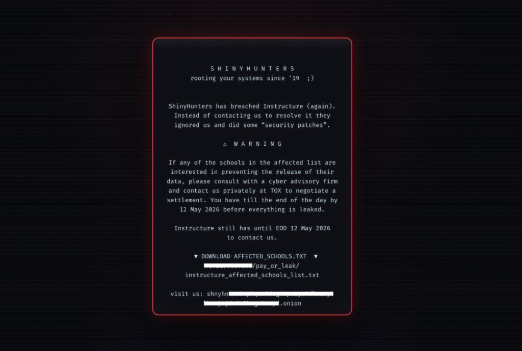 A redacted screenshot of the message ShinyHunters left on the hacked login pages of Instructure's platform Canvas.
