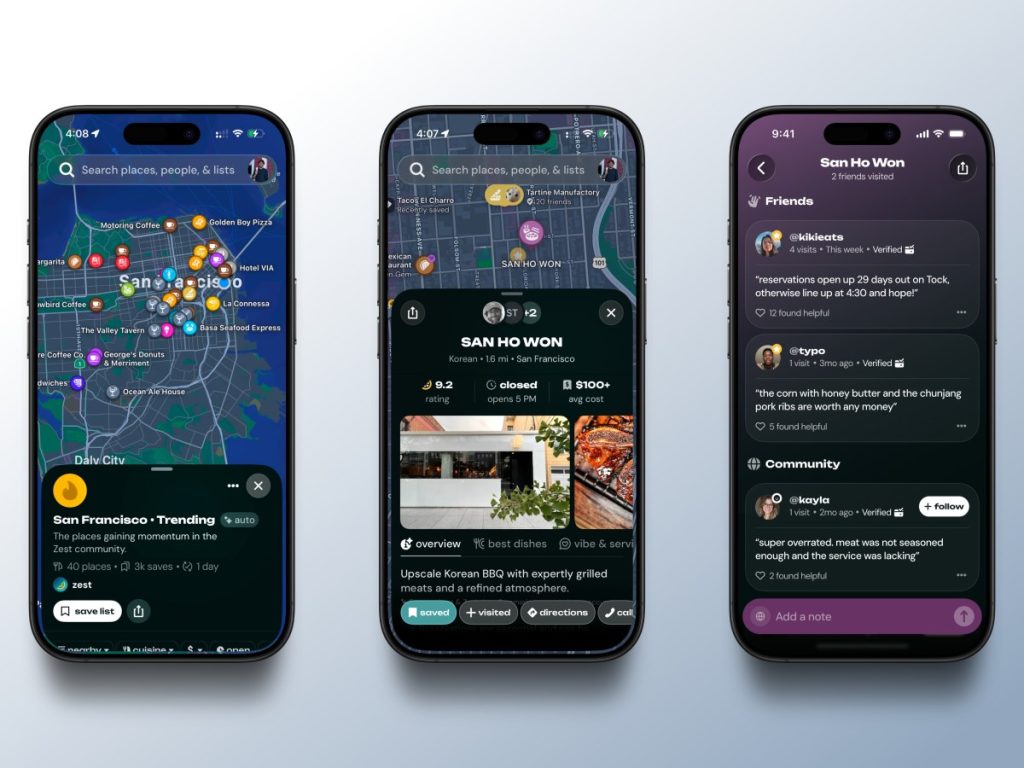Zest Maps on three smartphones