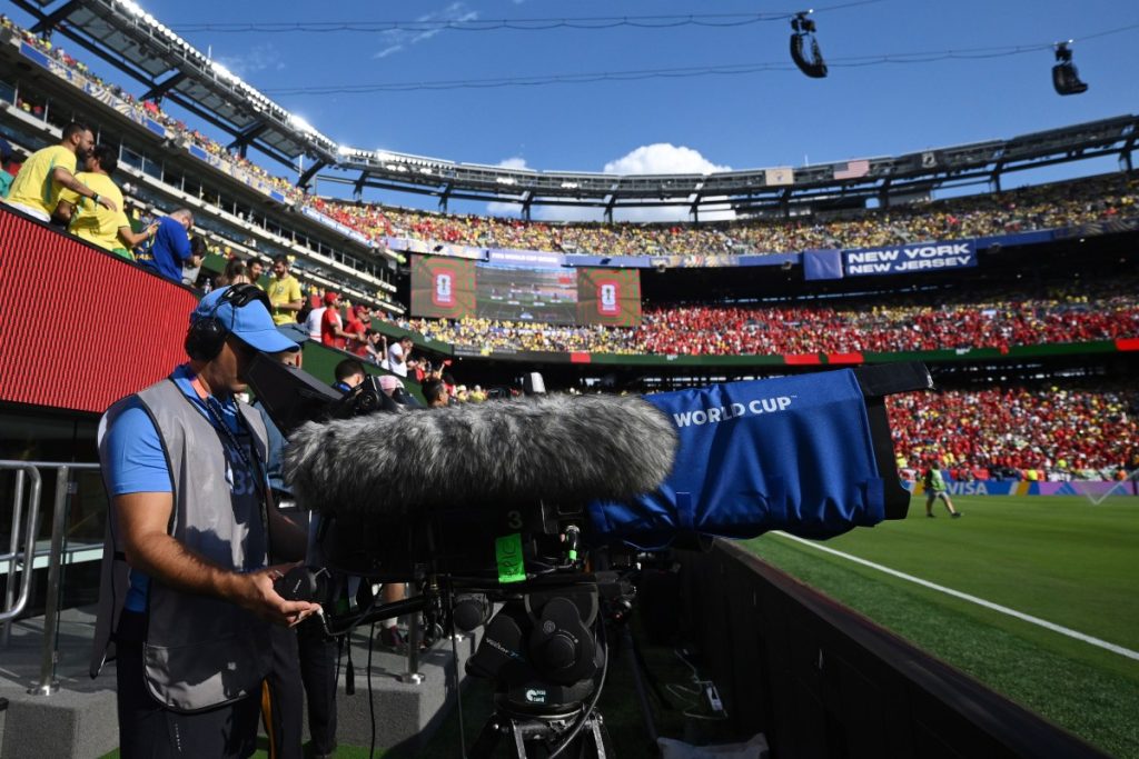 Cameramen TV during the FIFA World Cup 2026 Group C match between Brazil and Morocco at New York New Jersey Stadium on June 13, 2026 in East Rutherford, New Jersey.