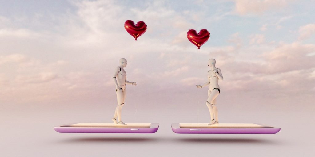 The founder of Hinge raised $18M to build a new AI dating service, Overtone two humanoid robots holding heart-shaped balloons